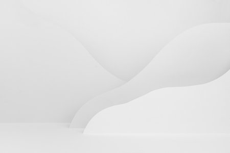 Trendy simple abstract scene mockup with abstract landscape - mountains soft light white, gray color. Modern minimal background for advertising, design, presentation of cosmetic, poster, flyer, card.の写真素材