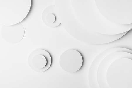 White abstract geometric background with fly soft light white circles and semicircle stepped surfaces as monochrome stylish pattern in elegant simple modern minimal style, top view.の写真素材