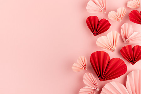Fun Valentines day festive background in asian style - pink and red paper hearts of folded fans soar on gentle pastel pink color backdrop as sideways border with copy space, top view.の写真素材