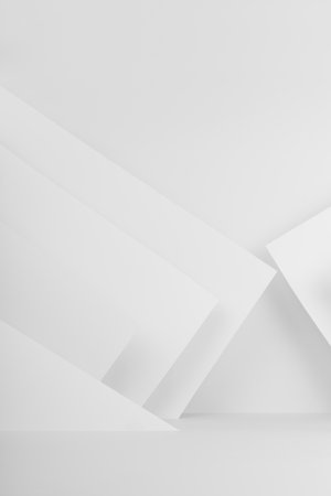 White abstract space scene mockup with lines and corners as pattern in futuristic geometric style for presentations of cosmetic products, goods, design, copy space, border, vertical.の写真素材