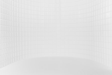 White abstract modern stage as curved alcove with tiny square ceramic tiles on wall and wood floor as empty interior, mockup for presentation cosmetic products, goods, design. Classic mosaic texture.の写真素材