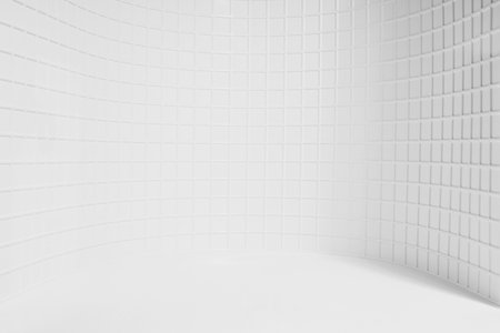 White abstract scene as curved niche mockup with white tiny tile wall, wood surfase for display, presentation of cosmetics products, goods, design. Elegant stage in summer mediterranian style.の写真素材