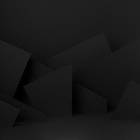 Rich black stage mockup with abstract geometric pattern of angles,  polygonal shapes and triangles as relief for presentation cosmetic products, goods, advertising, design in futuristic style, square.の写真素材