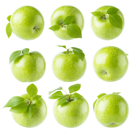 Juicy green apples rich set, whole with green leaves, tails, different sides isolated on white background. Summer fresh natural fruits as design elements.の写真素材
