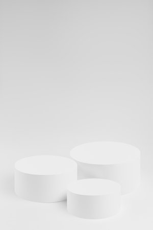 Abstract three white round podiums for cosmetic products, mockup on white background. Stage for presentation products, gifts, goods, advertising, design, sale, text, display, showing in simple style.の写真素材