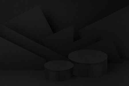 Abstract two black round podiums for cosmetic products with geometric pattern on wall, mockup on black background. Scene for presentation products, goods, advertising, design in contemporary style.の写真素材