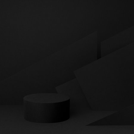 Luxury black stage mockup with one round podium for presentation of cosmetic products, goods, advertising, design, abstract geometric pattern of angles as relief in contemporary minimalist style.の写真素材