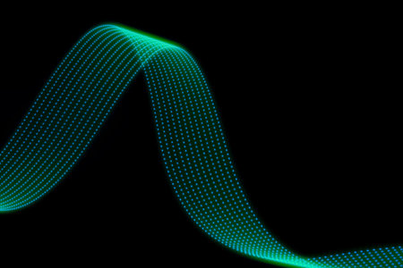 Turquoise green blue glow neon wave line of light with dotted stripes on black background. Abstract...