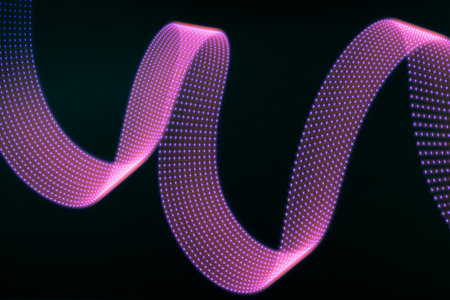 Pink, purple, blue neon flowing wave of light as trail with dotted stripes on black background....