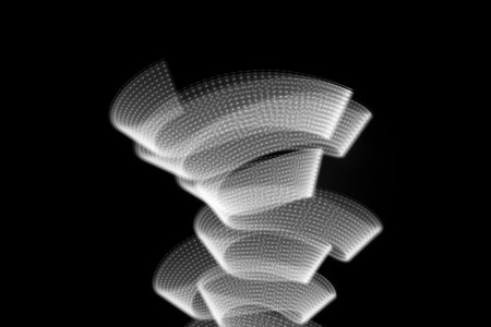 White neon curved wave of light as funnel or swirl with dotted stripes on black background. Abstract...