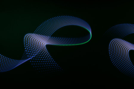 Blue green neon wave of light as curls or swirl with dotted stripes on black background, pattern....