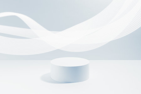 Abstract blue scene mockup - one round blue cylinder podium, striped neon light waves. Template for presentation cosmetic products, goods, advertising, design, sale, display, showing in fashion style.の写真素材