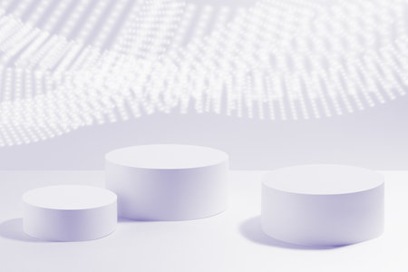 Set of three round violet pedestals mockup for cosmetic products, dotted neon light waves on violet background. Scene for presentation skin care products, gifts, advertising, sale in elegant style.の写真素材