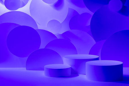 Abstract scene for presentation cosmetic products mockup - three round podiums in gradient blue...