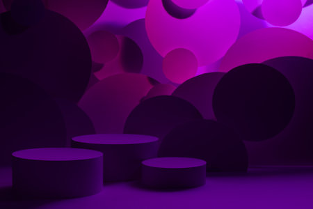 Abstract stage for presentation skin care products - three round podiums mockup in dark pink purple violet glowing light, bubbles fly decor. Template for showing cosmetics in vr black friday style.の写真素材