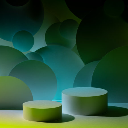 Abstract stage for presentation skin care products - two round podiums mockup in dark blue acid green glowing light, bubbles fly decor. Template for showing cosmetics in futuristic style.の写真素材