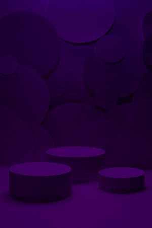 Abstract stage for presentation of cosmetic products - three round podiums mockup in gradient dark purple violet glowing light, bubbles fly as decor. Template for displaying in rich luxury style.の写真素材