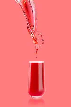 Red cherry juice pouring in drinking glass with bright splashes, drops flying, swirl on pink background. Healthy summer berries beverage with splashing for advertising, design, flyer, card, poster.の写真素材