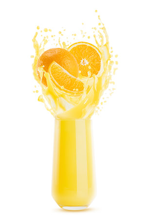 Orange juice in drinking glass with levitate orange pieces, drops, splashes, flows of juice, white background, isolated. Yellow drink for advertising, product label, poster, card.の写真素材