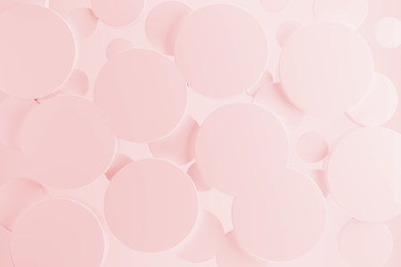 Light pink plastic circles flying on soft light shining background as pattern, top view. 3D illustration with cylinders as texture in modern gentle, geometric style for sale, advertising, design.の写真素材