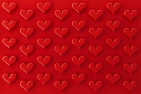 Valentines of red glossy balloon hearts as pattern on red background for Valentine's day. Cute passion love background. 3D illustration for advertising, design, poster, card, flyer.の写真素材