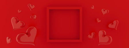 Red hearts - festive Valentine's day background, glossy ballon hearts with red blank frame for text...