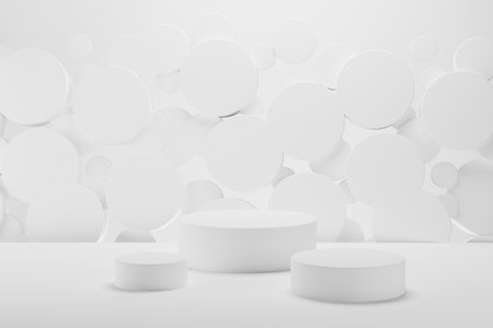 Set of three white round podiums on abstract stage mockup. Soft shining flying circles decor. Template 3D illustration gentle airy urban scene for presentation cosmetic products, goods, branding.の写真素材
