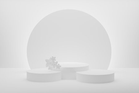 3D realistic podium background - set of three white cylindrical podiums on white. White spring flowers, luminous disk, mockup, 3d rendering. Woman's day stage for display product, scene showcase.の写真素材