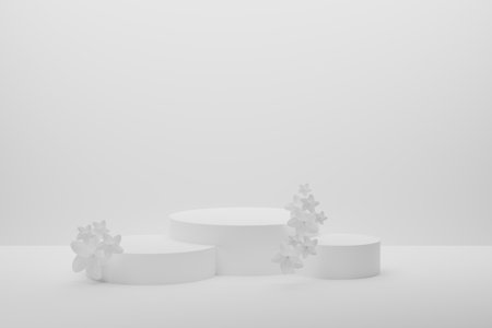3D realistic podium background - set of three white cylindrical podiums on white background. White spring flowers as decor, mockup, 3d rendering. Woman's day stage for display product, scene showcase.の写真素材