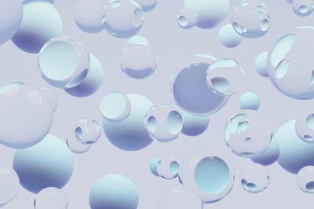 Enchanting, minimalist abstract space filled with luminous flying blue orbs. Light pastel blue and glass spheres abstract background, pattern. 3D rendering. Fantasy organic abstract background.の写真素材