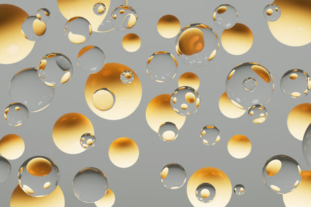 Golden-gray spheres abstract geometric background. 3D rendering. Innovative 3D pattern of flying...