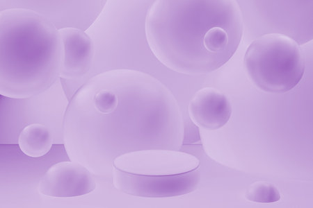 3D realistic podium background - one purple cylinder podium, glossy floating orbs with gentle pastel hues. Mockup, 3D rendering, template. Airy modern stage for display product, scene showcase.の写真素材
