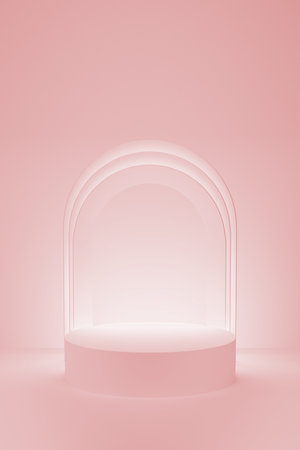 3D realistic podium background - one pink cylindrical podium on light gradient pink white. Luminous shining arch decor, mockup, 3d rendering. Minimalists stage for display product, scene showcase.の写真素材
