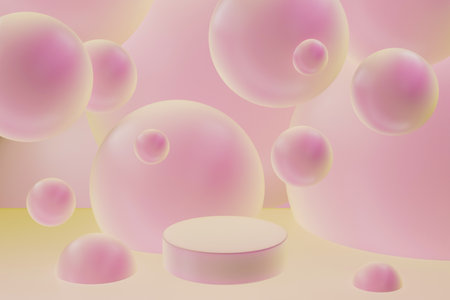 3D realistic podium background - one pink cylinder podium, glossy pink floating orbs with gentle...