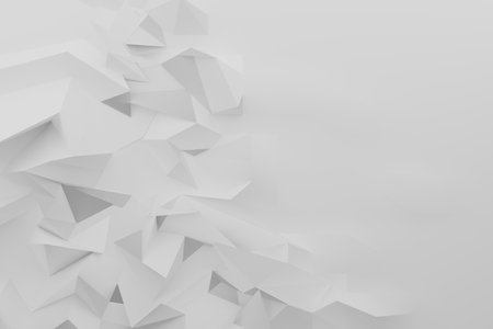 Dynamic 3D abstract geometric background featuring white polygonal shapes as mountains. Minimalist border with copy space for text. 3D rendering pattern in modern tech design.の写真素材