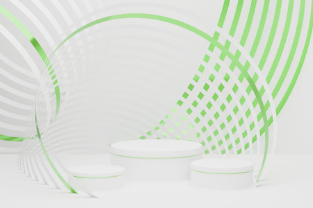 Composition of three white round podiums, luxury metallic green waves in fluid motion, abstract...