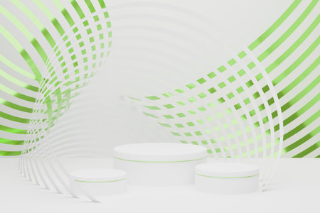 Elegant modern white abstract stage mockup - three white round podiums, metallic green circular lines, swirl. 3D rendering. Futuristic scene for presentation product, showing cosmetic, displaying.の写真素材