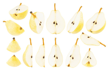Ripe yellow pear fruit collections isolated on white background, closeup. Raw juicy pears fruit chopped - halves, slices from different sides. Studio shot of summer fruits for design, advertising.の写真素材