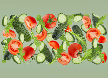 Healthy food background. Fresh vegetable salad ingredients on green background. Red tomato, cucumbers, greens, art composition. Summer organic food.の写真素材