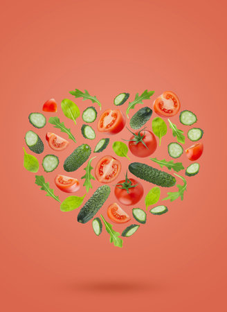 Heart shape of fresh vegetable salad ingredients - red tomato, green cucumbers, leafy greens. Fly as art composition on pink background. Summer healthy eating, organic food.の写真素材