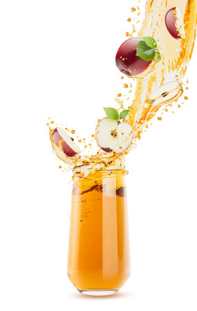 Vibrant apple juice pouring in glass with dynamic splashes of juice, apple slices, green leaves. Perfect for organic food, healthy lifestyle campaigns, advertising, poster. Isolated studio shot.の写真素材