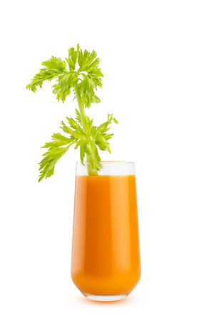 Fresh orange color vegetable juice of carrot or pumpkin with a vibrant celery stalk garnish in glass, closeup, isolated. Antioxidant vitamin beverage for healthy eating menu restaurant, label, poster.の写真素材