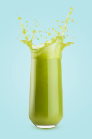 Fresh green vegetable juice - bright flying drops, splashes in glass on blue background. Healthy vegetarian drink for detox diet menu, fitness food advertising, organic cuisine or restaurant, poster.の写真素材