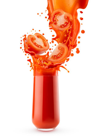 Fresh red tomato juice dynamic stream pouring into glass with ripe tomato slices, flying drops, bursting splashing, isolated. Tomato healthy drink for detox diet, fitness menu, vegetarian cuisine.の写真素材