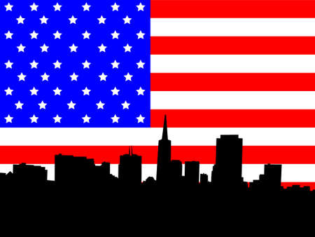 San Francisco skyline against American flagのイラスト素材