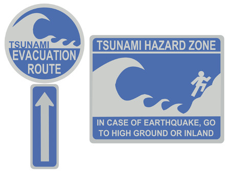 Tsunami evacuation route and hazard zone signsのイラスト素材