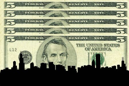 Chicago Skyline against five dollar billの写真素材