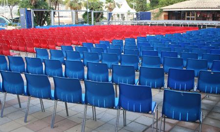 rows of plastic seating outside