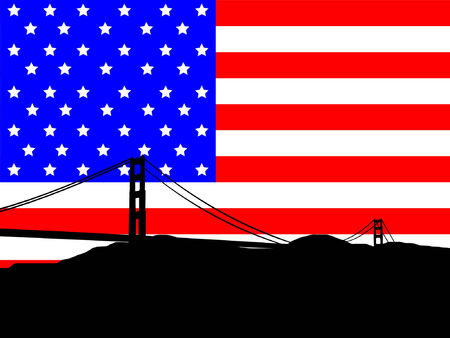 Golden Gate Bridge against American Flagのイラスト素材
