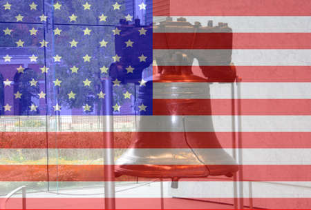 Liberty bell Philadelphia Pennsylvania and American flag montageの写真素材